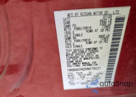 2005 Nissan Titan Xe z USA, uszkodzony, nr VIN 1N6BA07A25N579021